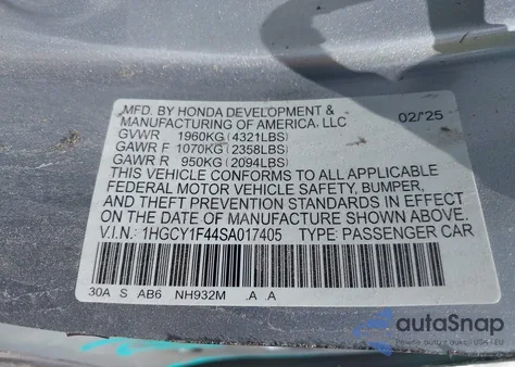 2025 Honda Accord Se from USA, damaged, VIN 1HGCY1F44SA017405